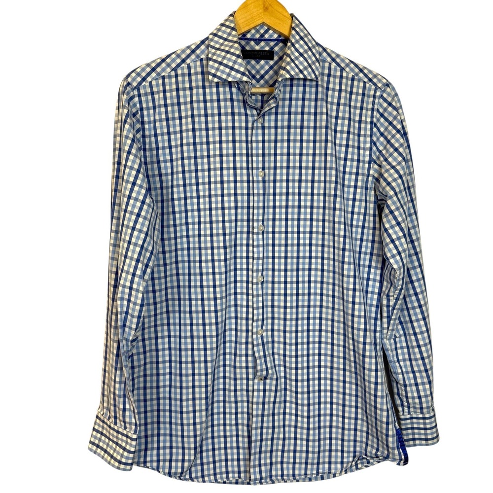 Andrew Fezza Mens 15.5 Slim Fit Shirt Blue White Plaid 100% Cotton Button Down